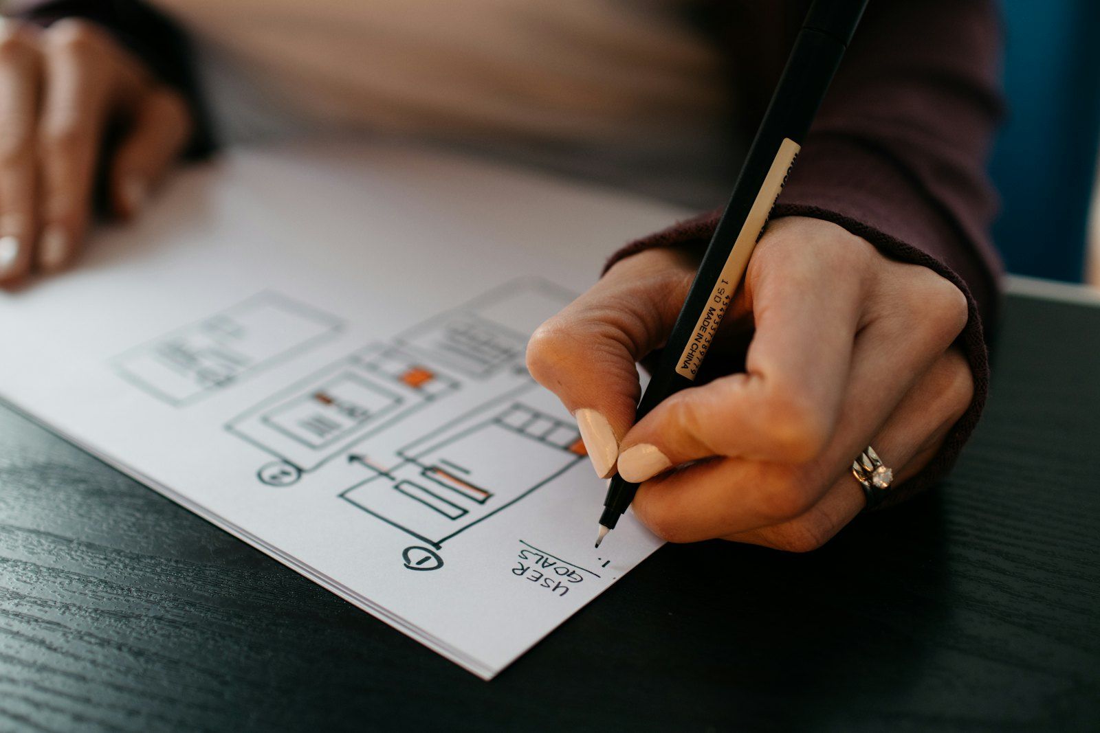 Wireframe sketches for a mobile app laid out on a desk